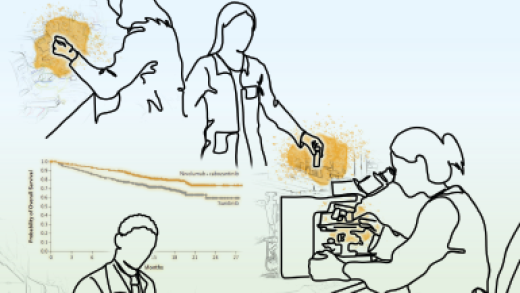 Illustration showing team science, moving the drug combo from basic research into treatment